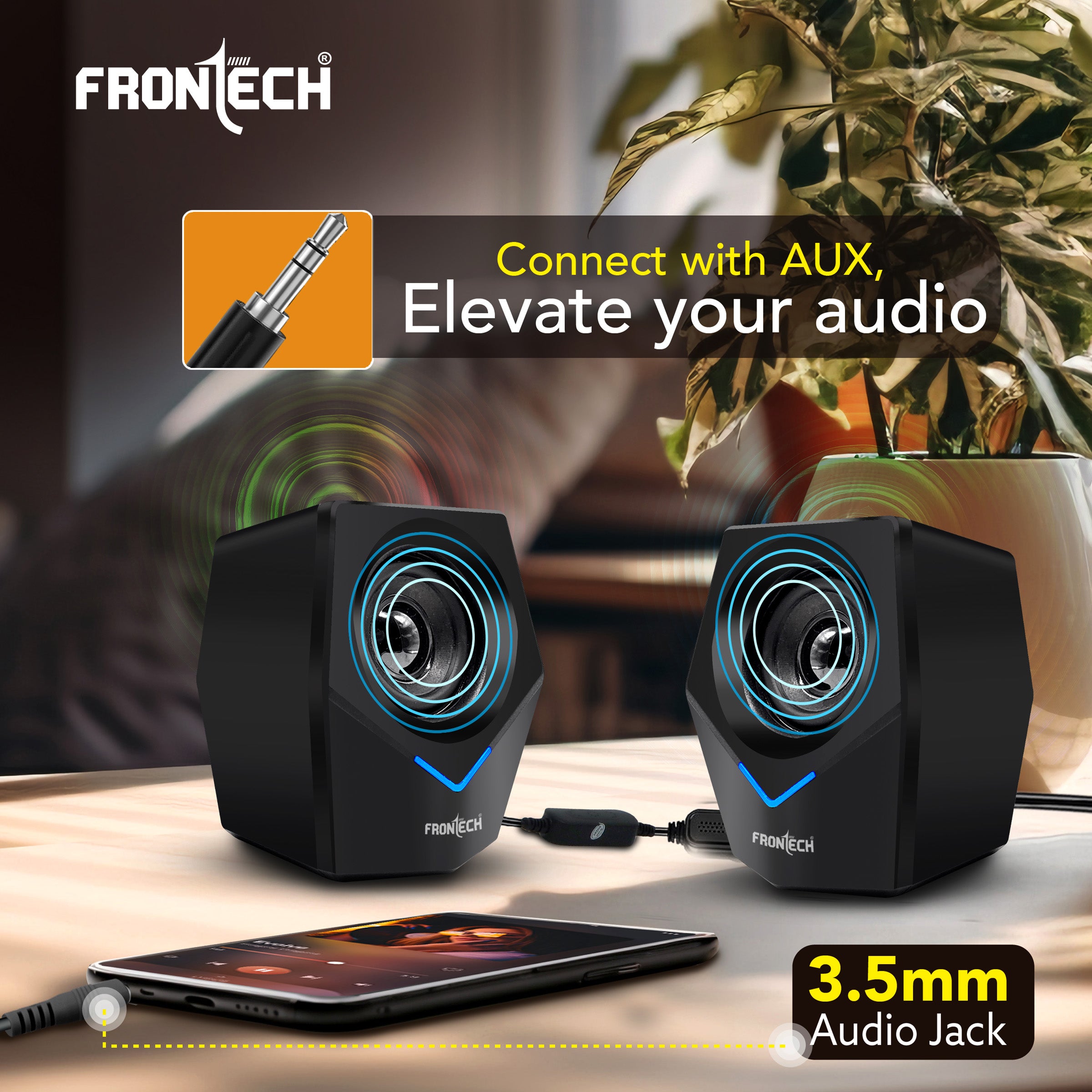 Frontech 2.0 Multimedia Speakers: 10W USB-Powered PC/Laptop/Mobile Speakers with 3.5mm AUX & Blue LED Lighting. (SPK-0011) Frontech 2.0 Multimedia Speakers: 10W USB-Powered PC/Laptop/Mobile Speakers with 3.5mm AUX & Blue LED Lighting. (SPK-0011)